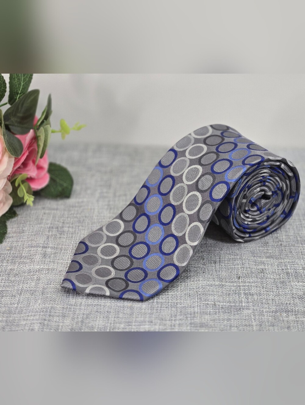 Michael Kors Blue and Grey Geometric Circlesโ 100% Silk Neck Tie